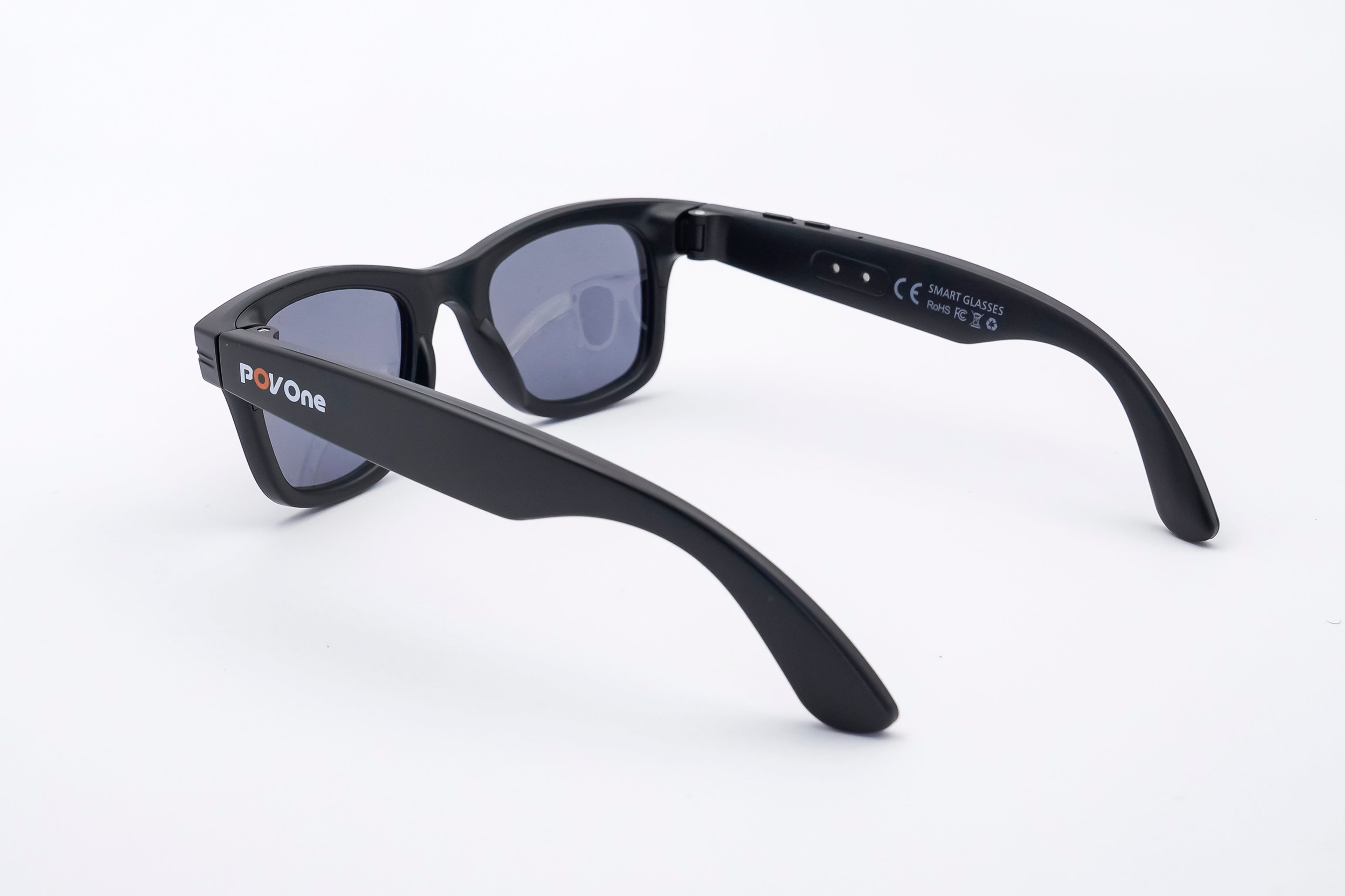 Close-up of POV One smart sunglasses camera lens
